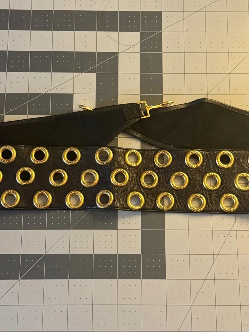 Vintage LOEWE Black Leather Gold Grommet Belt Madrid 1846 Made in France - Picture 5 of 6